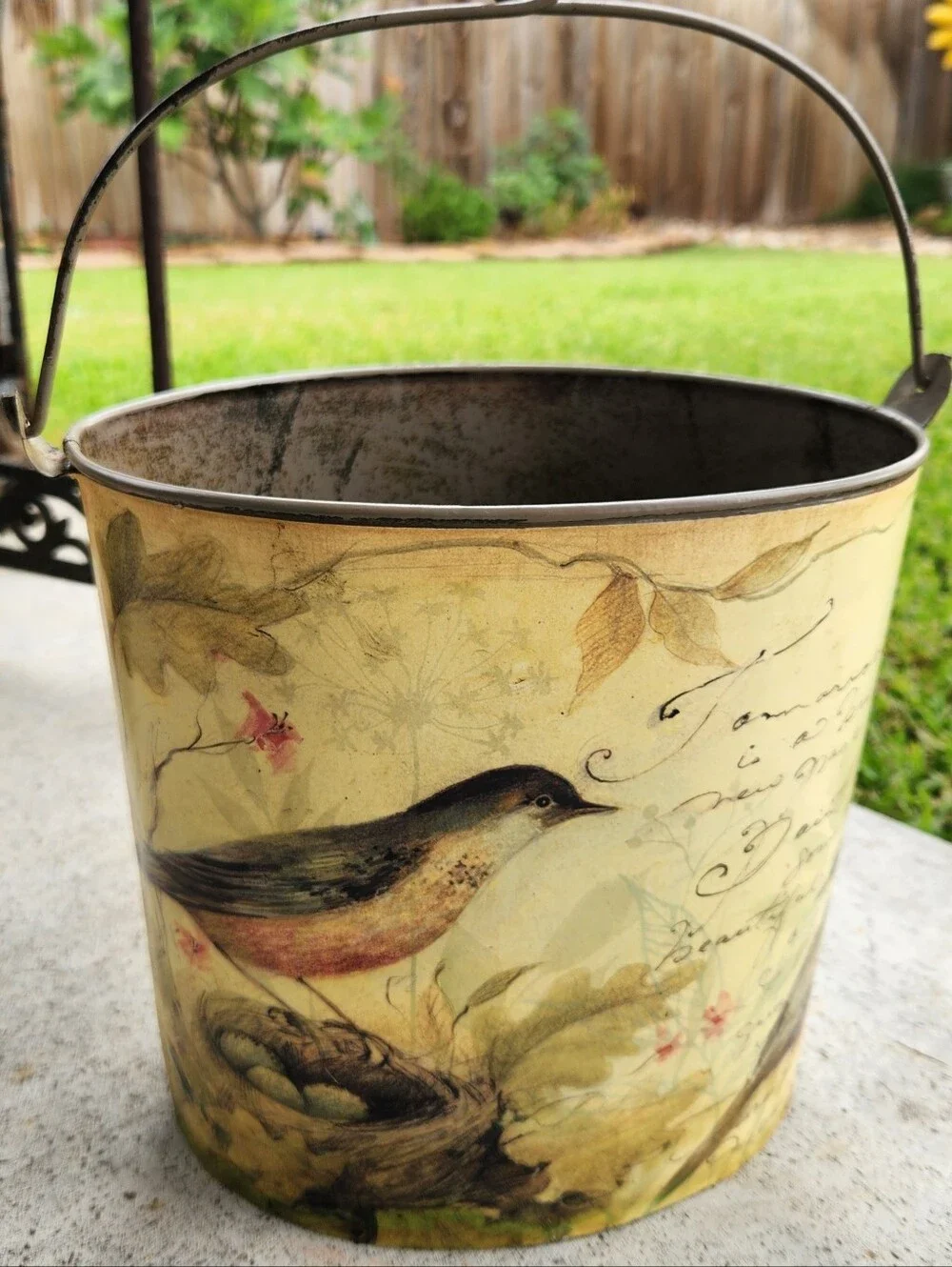 Vintage Woodland Art Print Handled Metal Pail Bucket Birds Nest w/Script Writing